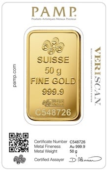 50g Gold Bar PAMP Lady Fortuna Minted