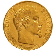 1856 French 20 Francs Gold Coin Napoleon III Bare Head A