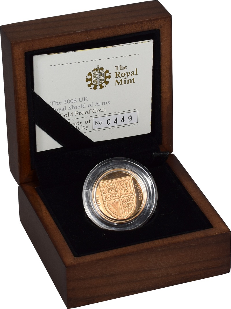 2008 Proof Gold £1 Pound Coin UK Royal Arms Shield Boxed