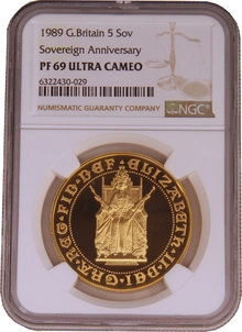 1989 Proof Gold £5 Coin Quintuple Sovereign 500th Anniversary NGC PF69