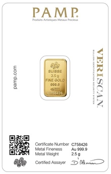 2.5g Gold Bar PAMP Lady Fortuna Minted