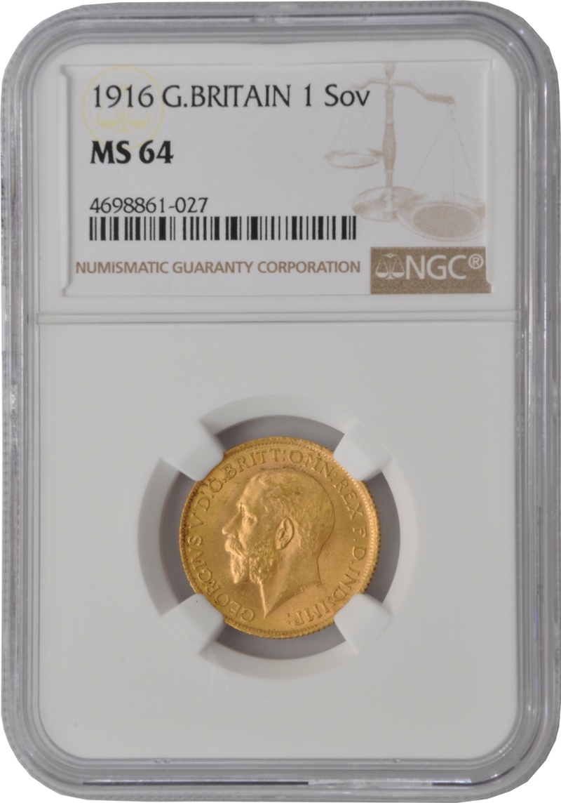 1916 Gold Sovereign - King George V - London NGC MS64