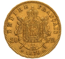 1870 French 20 Francs Gold Coin Napoleon III Laureate Head BB