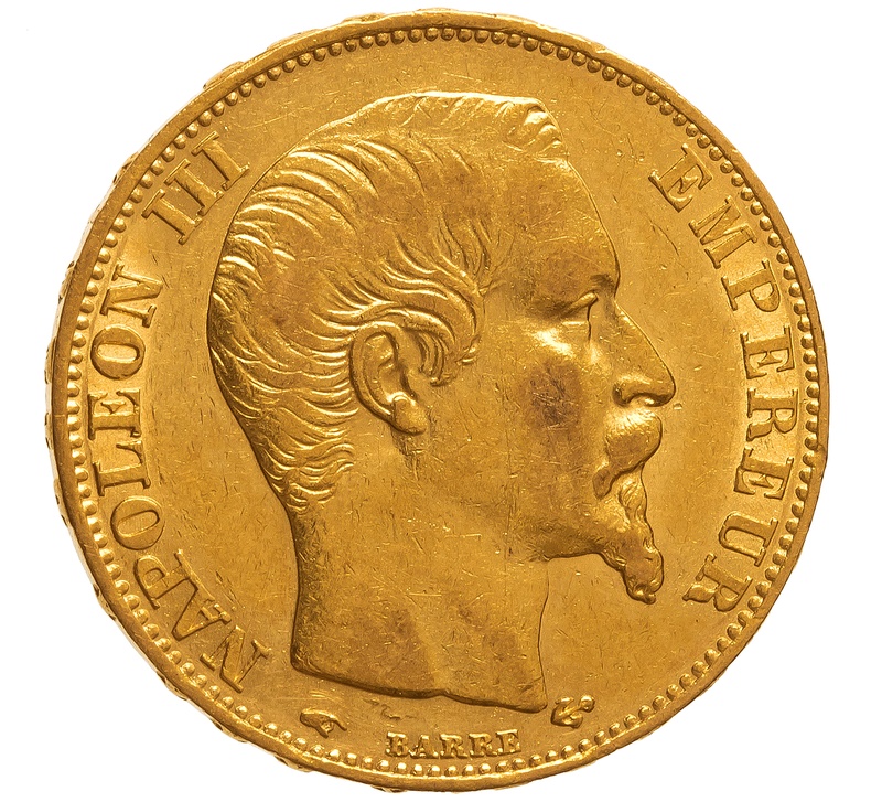 1857 French 20 Francs Gold Coin Napoleon III Bare Head A