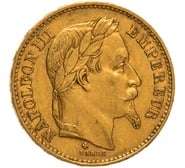 1870 French 20 Francs Gold Coin Napoleon III Laureate Head BB