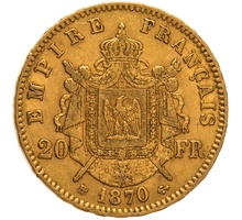 1870 French 20 Francs Gold Coin Napoleon III Laureate Head BB