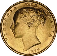 1873 Gold Sovereign - Victoria Young Head Shield Back - London