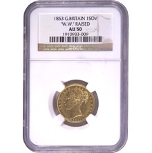 1853 Gold Sovereign Coin Queen Victoria Young Head Shield Back NGC AU50
