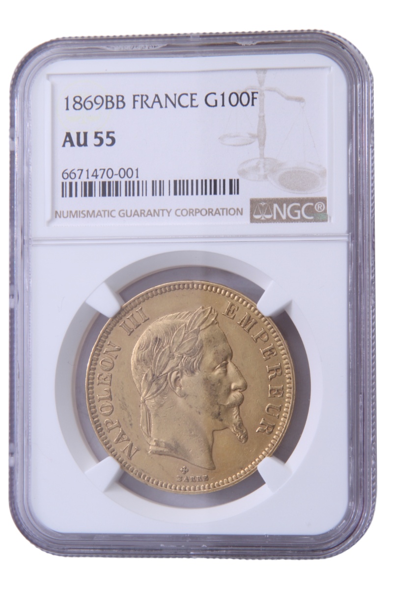 1869 French 100 Francs Gold Coin Napoleon III BB Strasbourg NGC AU55