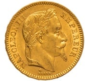 1865 French 20 Francs Gold Coin Napoleon III Laureate Head BB