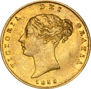 1858 Gold Half Sovereign Queen Victoria Young Head Shield Back NGC AU53