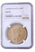 1869 French 100 Francs Gold Coin Napoleon III BB Strasbourg NGC AU58