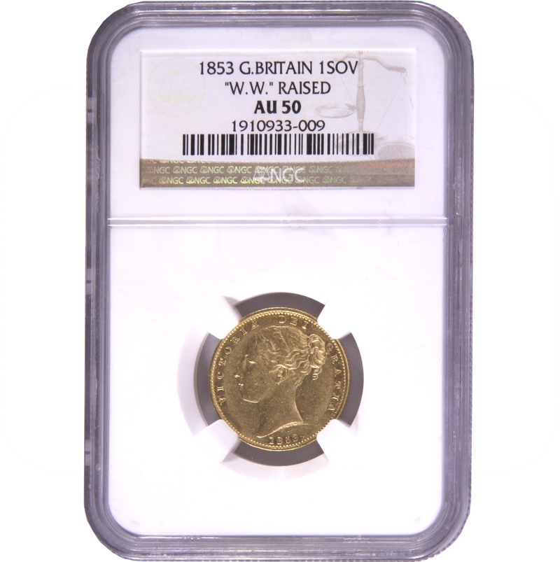 1853 Gold Sovereign Coin Queen Victoria Young Head Shield Back NGC AU50