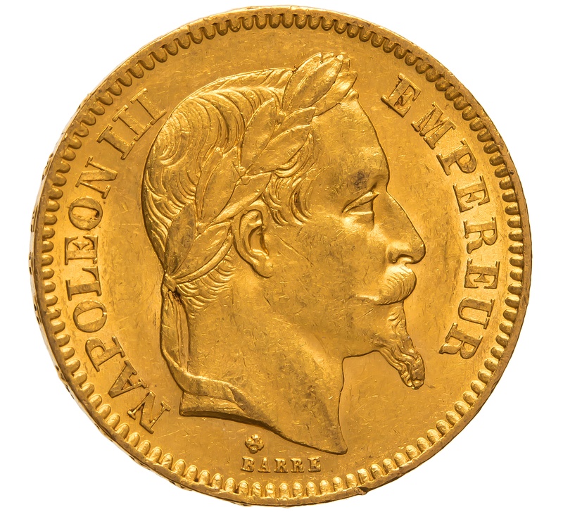 1865 French 20 Francs Gold Coin Napoleon III Laureate Head BB