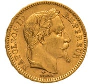 1865 French 20 Francs Gold Coin Napoleon III Laureate Head A