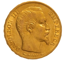 1854 French 20 Francs Gold Coin Napoleon III Bare Head A