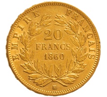 1860 French 20 Francs Gold Coin Napoleon III Bare Head BB