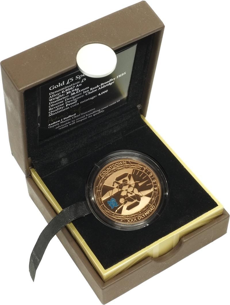 2009 Proof Gold Crown £5 Coin Countdown to London 2012 Swimming Boxed