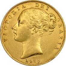 1853 Gold Sovereign - Victoria Young Head Shield Back - London