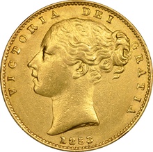 1853 Gold Sovereign Coin Queen Victoria Young Head Shield Back