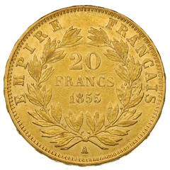 1855 French 20 Francs Gold Coin Napoleon III Bare Head A greyhound