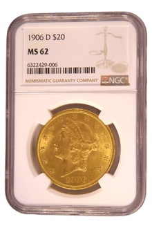 1906 $20 Gold Coin Double Eagle Liberty Head Denver NGC MS62