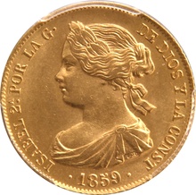 1859 Spanish 100 Reales Gold Coin Isabel II Barcelona PCGS MS62