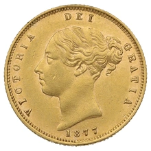 1877 Gold Half Sovereign Queen Victoria Young Head Shield Back