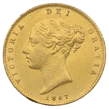 1867 Gold Half Sovereign Queen Victoria Young Head Shield Back