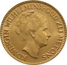 Dutch 10 Guilders Gold Coin Wilhelmina Old Head 1925-1933