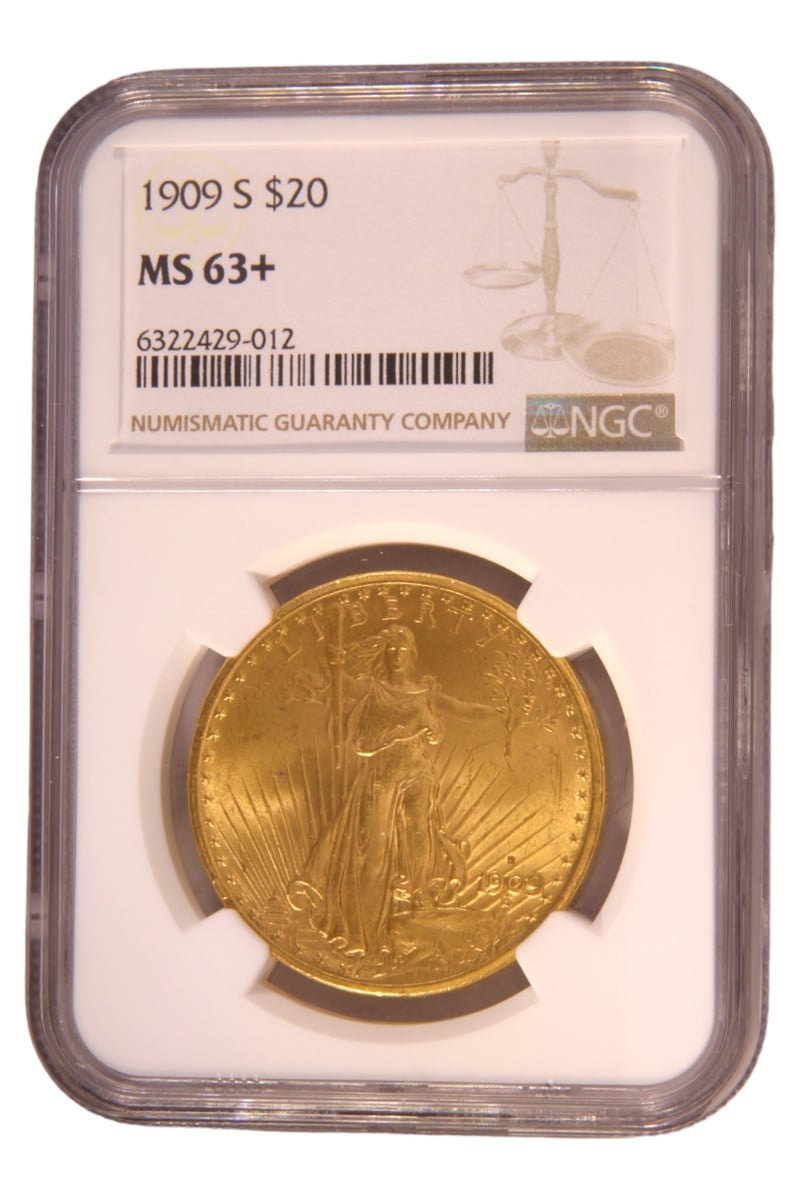 1909 $20 Gold Coin Double Eagle St Gaudens Head San Francisco NGC MS63+