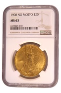 1908 $20 Gold Coin Double Eagle St Gaudens Head Philadelphia No Motto NGC MS63