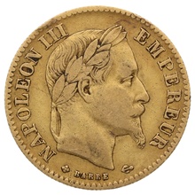 1865 French 10 Francs Gold Coin Napoleon III Laureate Head Large BB