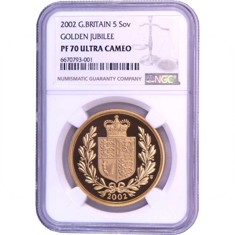 2002 Proof Gold £5 Coin Quintuple Sovereign NGC PF70