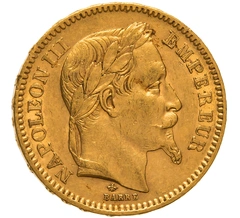 1865 French 20 Francs Gold Coin Napoleon III Laureate Head A