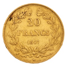 1847 French 20 Francs Gold Coin Louis-Philippe Laureate Head A