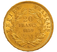 1859 French 20 Francs Gold Coin Napoleon III Bare Head A