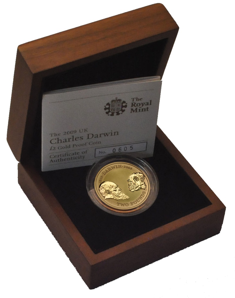 2009 Proof £2 Gold Coin Charles Darwin Boxed