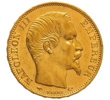 1859 French 20 Francs Gold Coin Napoleon III Bare Head A