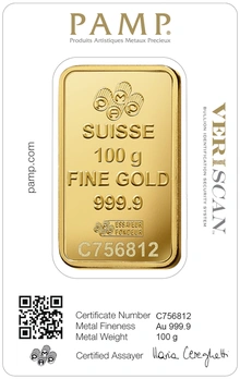 100g Gold Bar PAMP Lady Fortuna Minted
