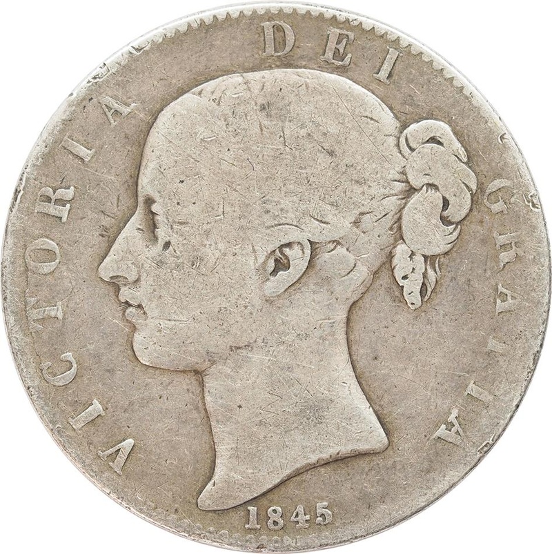 1845 Silver Crown Coin Victoria Young Head Fine