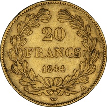 1844 French 20 Francs Gold Coin Louis-Philippe Laureate Head A