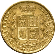 1874 Gold Sovereign - Victoria Young Head Shield Back - M