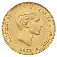 1879 Spanish 25 Pesetas Gold Coin Alfonso XII