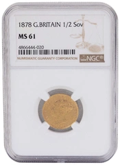 1878 Gold Half Sovereign Queen Victoria Young Head Shield Back NGC Graded MS61