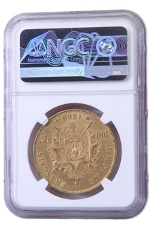 1869 French 100 Francs Gold Coin Napoleon III BB Strasbourg NGC AU58