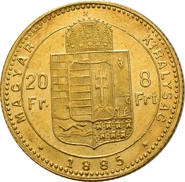 Hungarian 20 Franc 8 Forints Gold Coin Franz Joseph I 1870-1892 KB