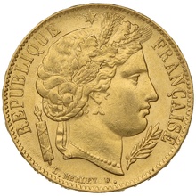 1851 French 20 Francs Gold Coin Ceres