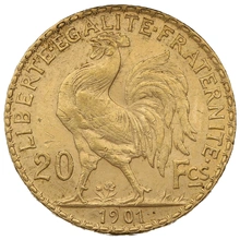 1901 French 20 Francs Gold Coin Marianne Rooster