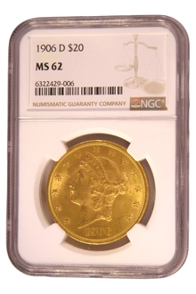 1906 $20 Gold Coin Double Eagle Liberty Head Denver NGC MS62